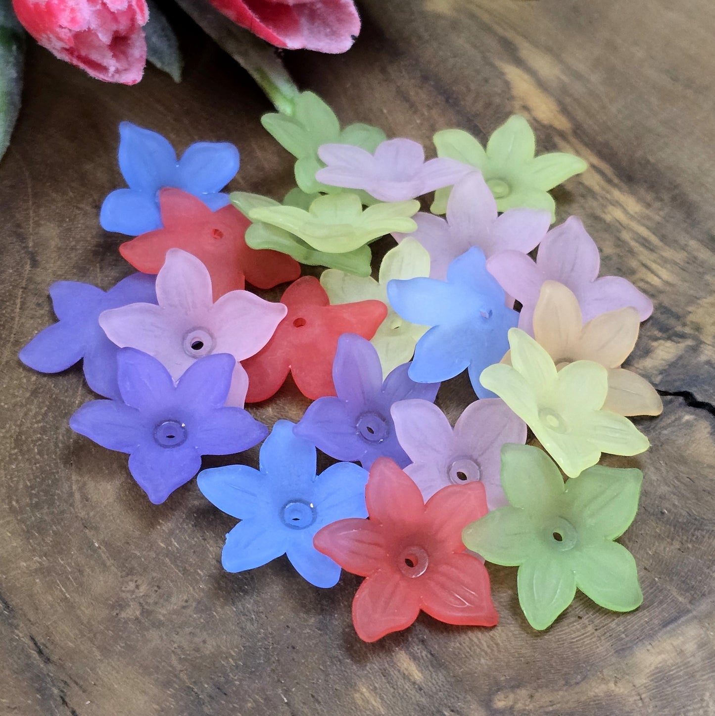 50 Blumenperlen im bunten Farbmix, jede mit einem Durchmesser von 2,2 cm. Die Perlen zeichnen sich durch ihre matte Oberfläche aus und präsentieren sich im stilvollen Sternblüten-Design. Mit dem praktischen Loch zum Auffädeln sind sie ideal für eine Vielzahl kreativer Projekte.