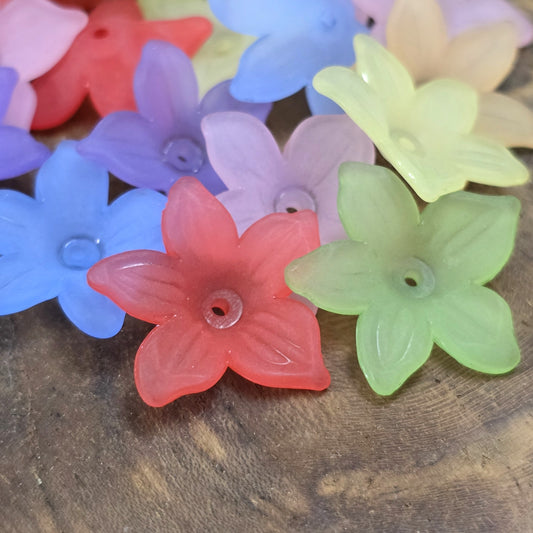 50 Blumenperlen im bunten Farbmix, jede mit einem Durchmesser von 2,2 cm. Die Perlen zeichnen sich durch ihre matte Oberfläche aus und präsentieren sich im stilvollen Sternblüten-Design. Mit dem praktischen Loch zum Auffädeln sind sie ideal für eine Vielzahl kreativer Projekte.