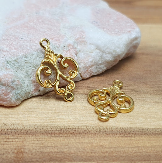 4 verschnörkelte Schmuckverbinder, 20 x 14mm, vergoldet