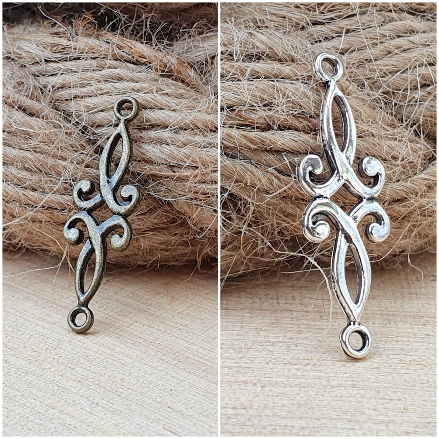 2 Verbinder mit Schnörkeln in antik silberfarbig oder antik bronzefarbig, 29mm