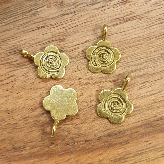 4 Anhängerösen zum ankleben, Blumenform, antik goldfarbig, 15x11mm