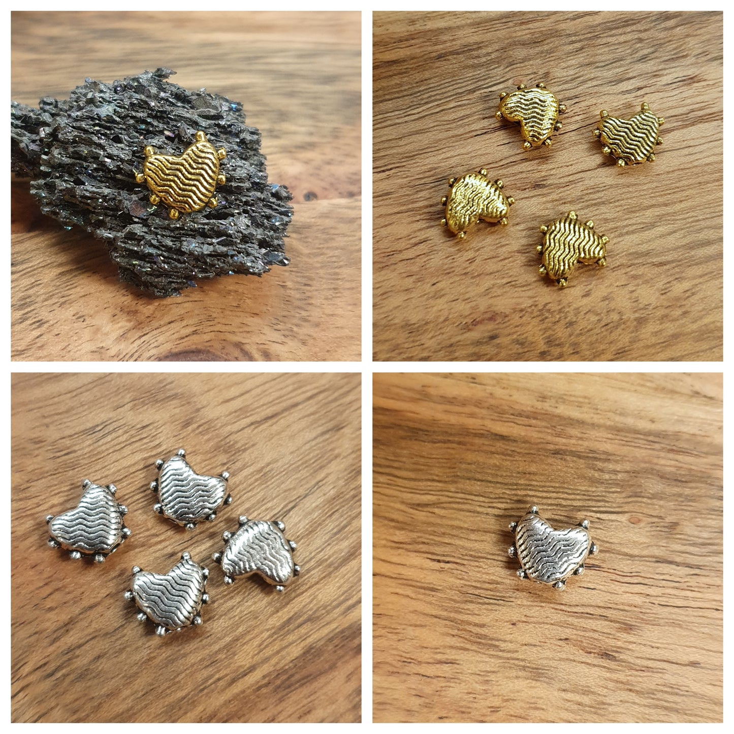 4 Metallperlen Herz Waves, 8mm, antik gold- oder silberfarbig