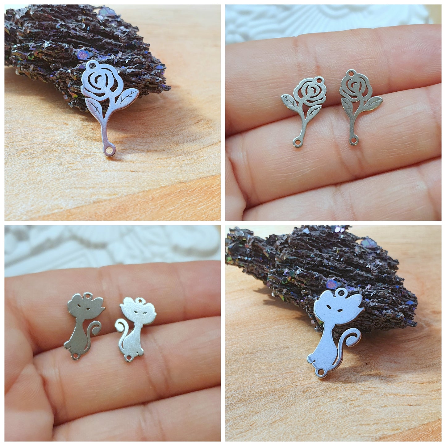 2 Edelstahl Schmuckverbinder, silber, Rose, Kätzchen, Katze