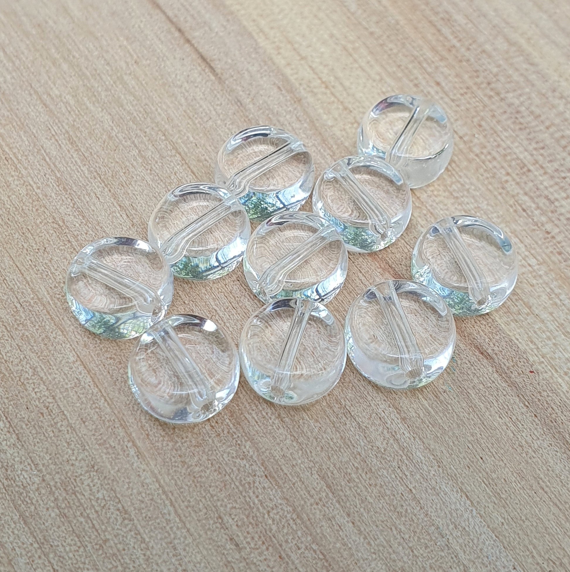 10 runde Glasperlen, Münze, transparent, 8mm Durchmesser, crystal