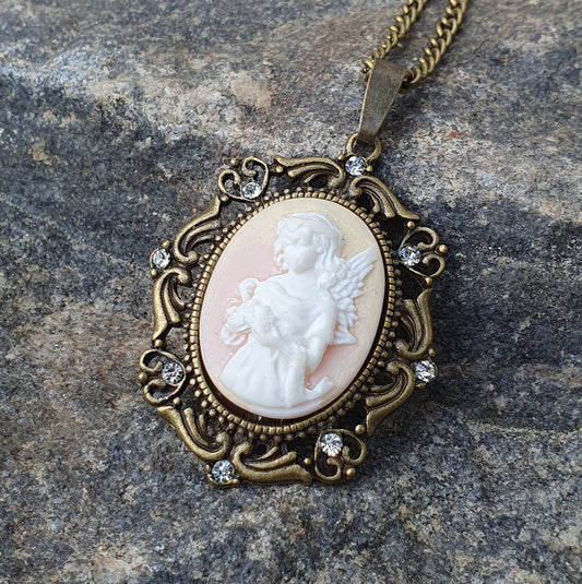 Anhänger Kette, Shabby, Cabochon Engel, antik bronzefarbig