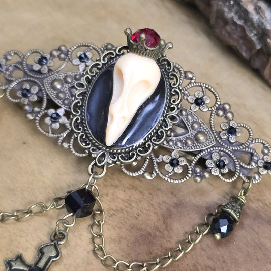 Gothic Stil Haarspange mit Krähenschädel, Straß, Bronzefarbig, schwarz