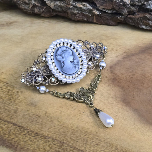 Vintage Stil Haarspange mit Kamee, Straß, Bronzefarbig, weiß & schwarz