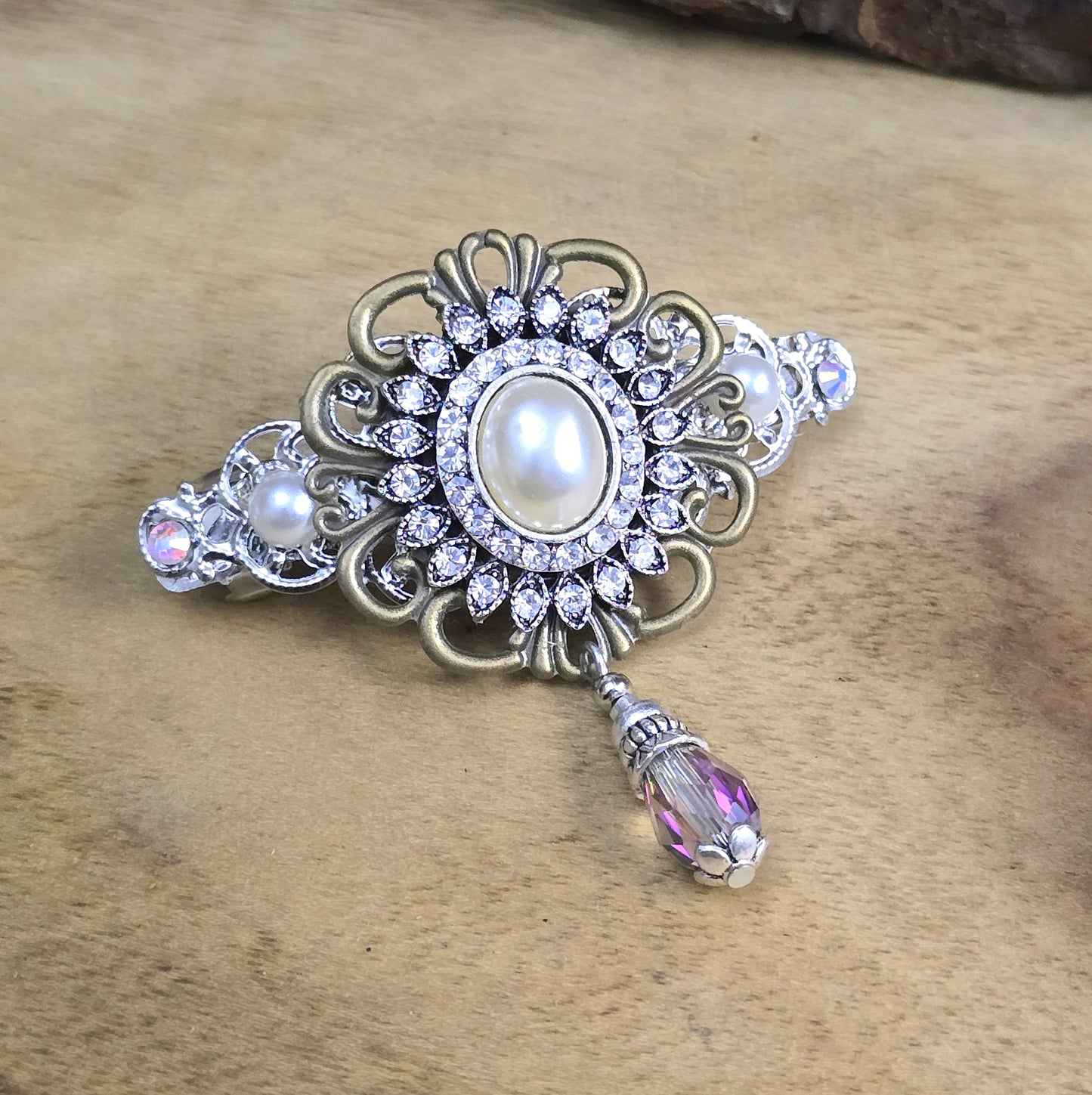 Pompöse Haarspange mit glitzerndem Zierelement, Straß, Bronze- & silberfarbig, Halbperlen , Glas