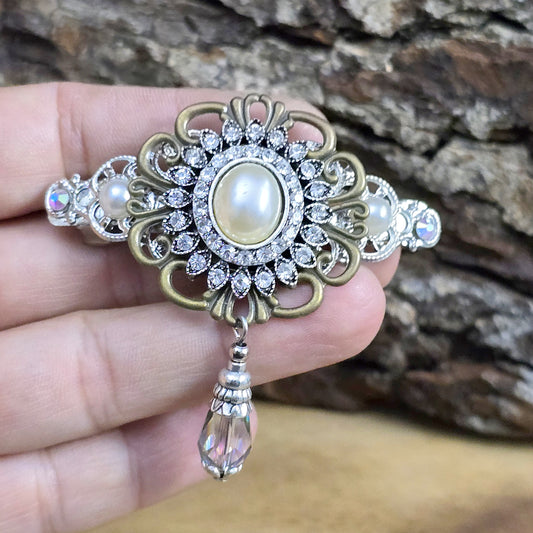 Pompöse Haarspange mit glitzerndem Zierelement, Straß, Bronze- & silberfarbig, Halbperlen , Glas