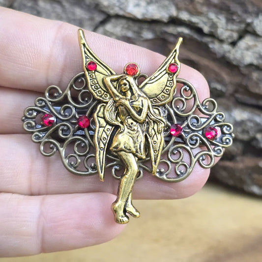 Kleine romantische Haarspange mit Elfe, Straß, Bronze- & goldfarbig