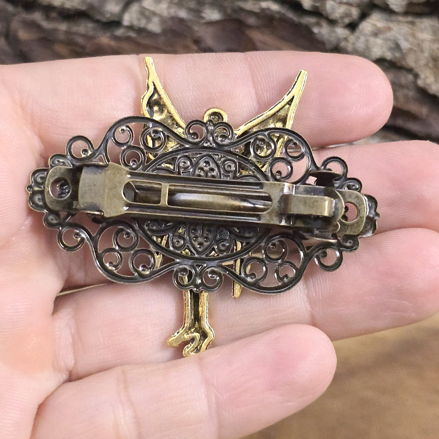 Kleine romantische Haarspange mit Elfe, Straß, Bronze- & goldfarbig