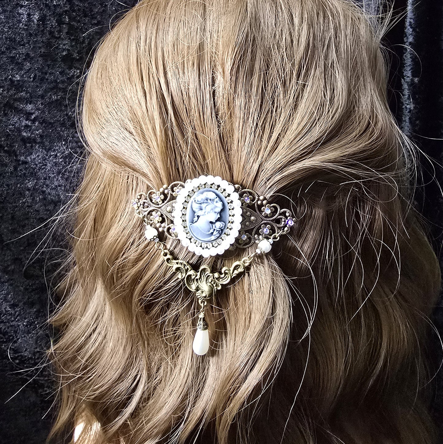 Vintage Stil Haarspange mit Kamee, Straß, Bronzefarbig, weiß & schwarz