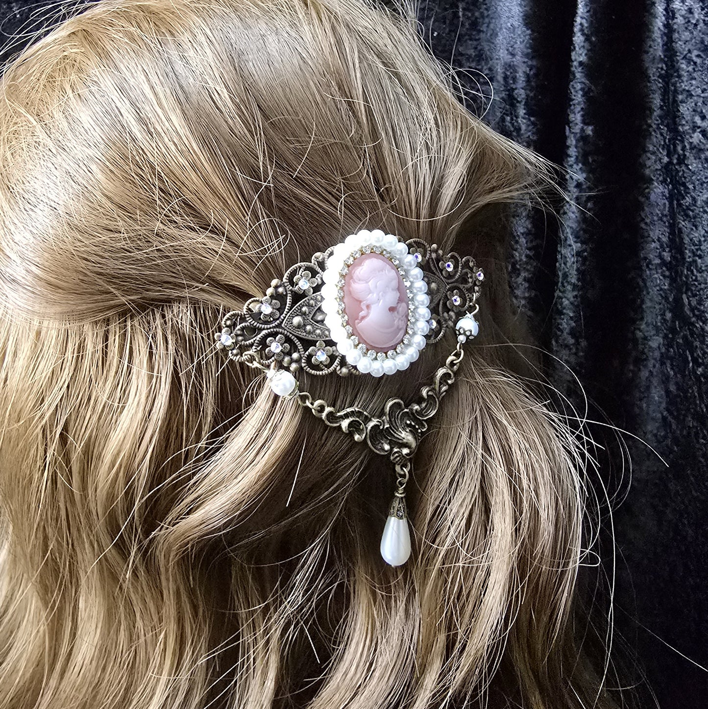 Haarspange im Vintage Shabby Stil mit Kamee, rosa, antik Bronzefarbig
