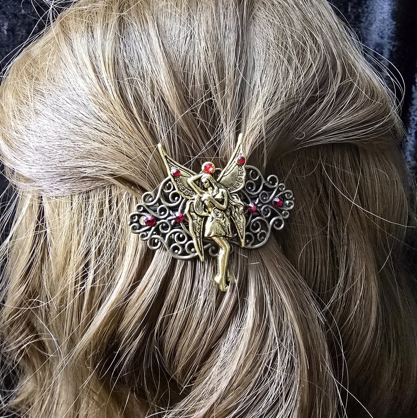 Kleine romantische Haarspange mit Elfe, Straß, Bronze- & goldfarbig