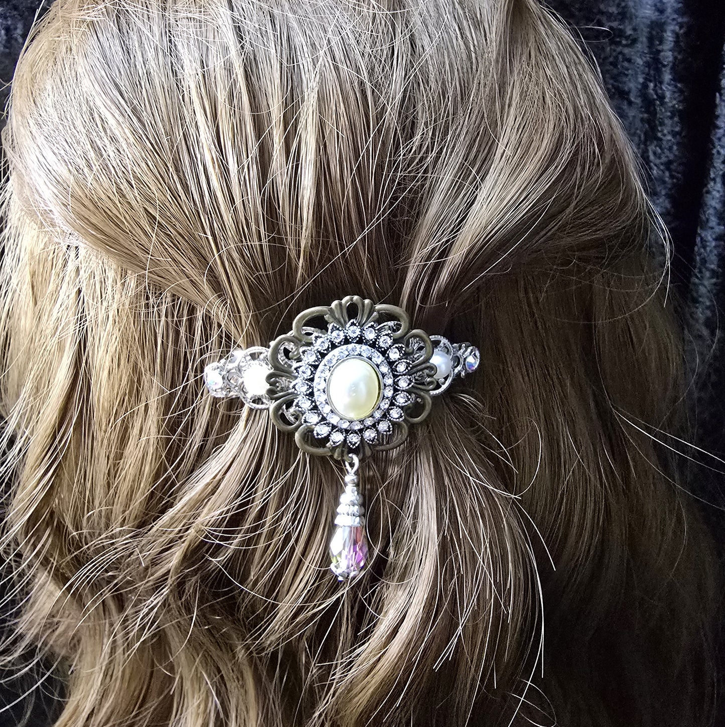 Pompöse Haarspange mit glitzerndem Zierelement, Straß, Bronze- & silberfarbig, Halbperlen , Glas