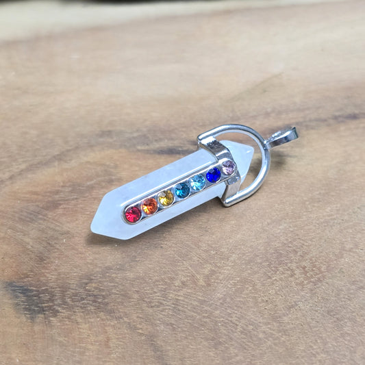 Anhänger Säulenpendel die 7 Chakren, Milchquarz mit silberfarbiger Öse