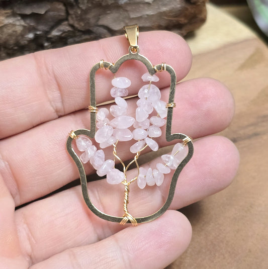 Anhänger Hamsa Hand mit Splitter aus Rosenquarz