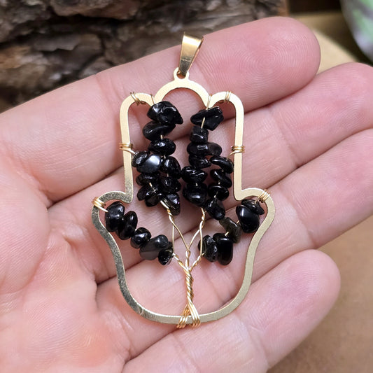 Anhänger Hamsa Hand mit Splitter aus schwarzen Onyx