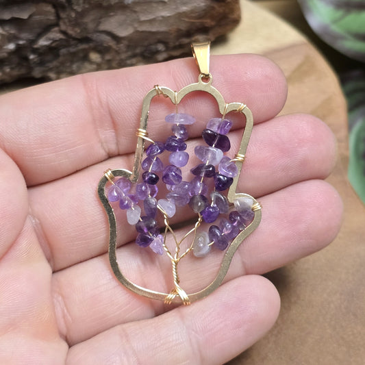Anhänger Hamsa Hand mit Splitter aus Amethyst