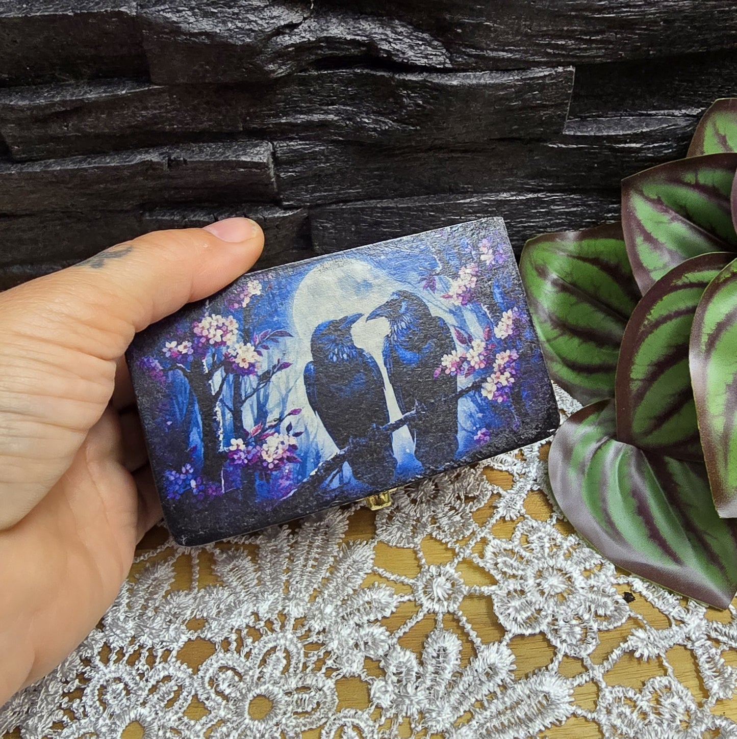 Schmuckkästchen, zwei Krähen, Schmuckschatulle, Tarot Kartenbox aus Holz, für Fantasy Fairycore, Hexen Wohndekor, Geschenk