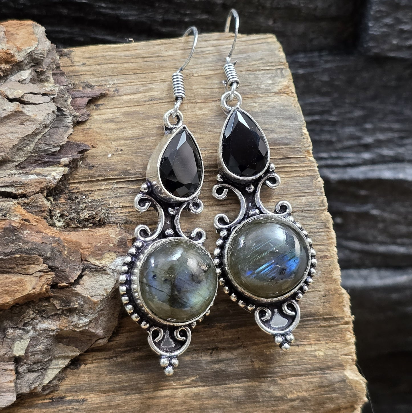 Ohrhänger mit Labradorit & schwarzem Spinell, .925 Sterling Silber