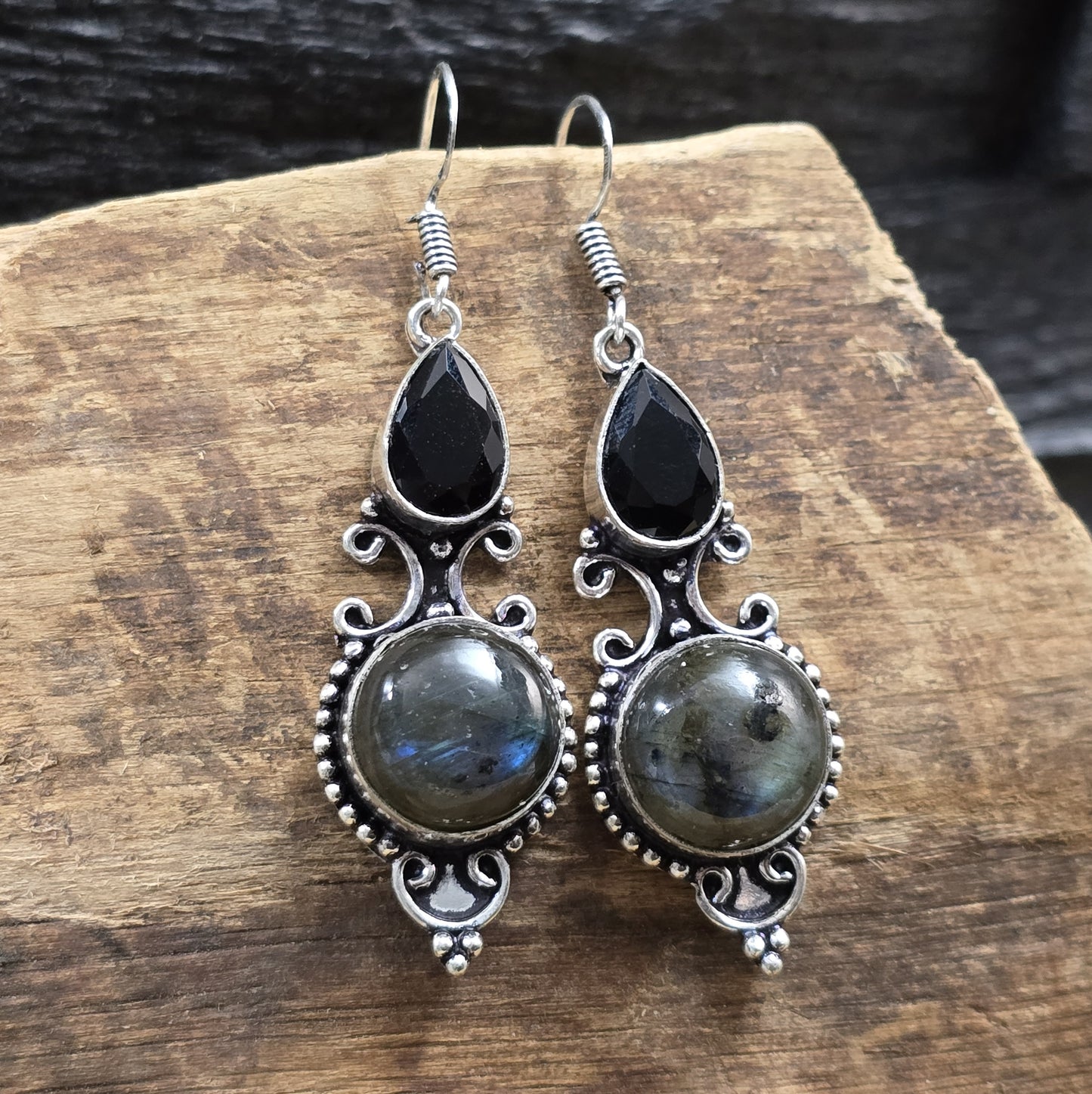 Ohrhänger mit Labradorit & schwarzem Spinell, .925 Sterling Silber