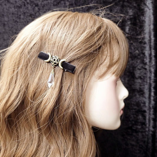 2 Mystische Krokodil-Haarclips Triple Moon mit antik bronzefarbigem Pentakel und Tropfen aus schimmerndem Kristallglas