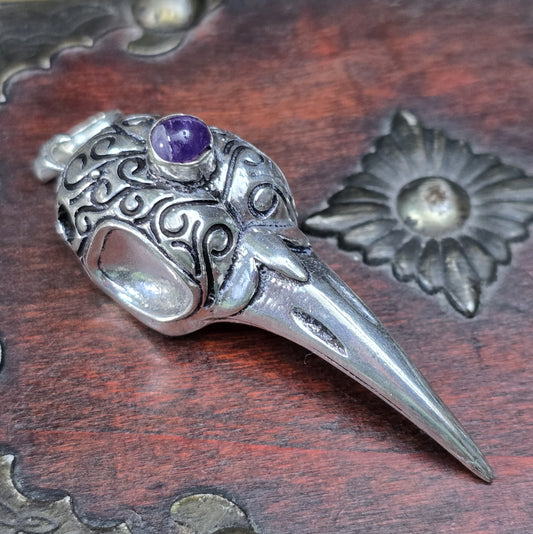Mystischer Rabenschädel-Anhänger aus .925 Sterling Silber mit Amethyst – Gothic Schmuck, Biker, Rockabilly, Kitsch