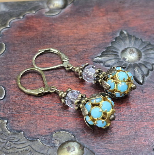 Handgefertigte Ohrhänger, Klappbrisuren, mit Strassperle, Türkis & antik Bronze