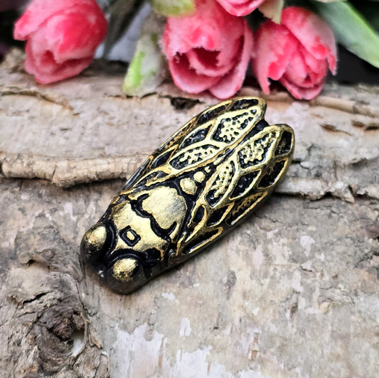 Das Bild zeigt einen handgefertigten Zikaden-Cabochon aus Kunstharz in einer edlen Bronze-Optik. Die Zikade hat eine flache Rückseite mit einem kleinen Loch zwischen den Augen, ideal für die Anbringung einer Anhängeröse.