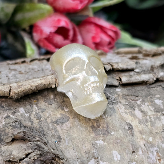 Das Bild zeigt einen Cabochon aus Resin mit cremeweißer Farbe auf einem Stück Birke.