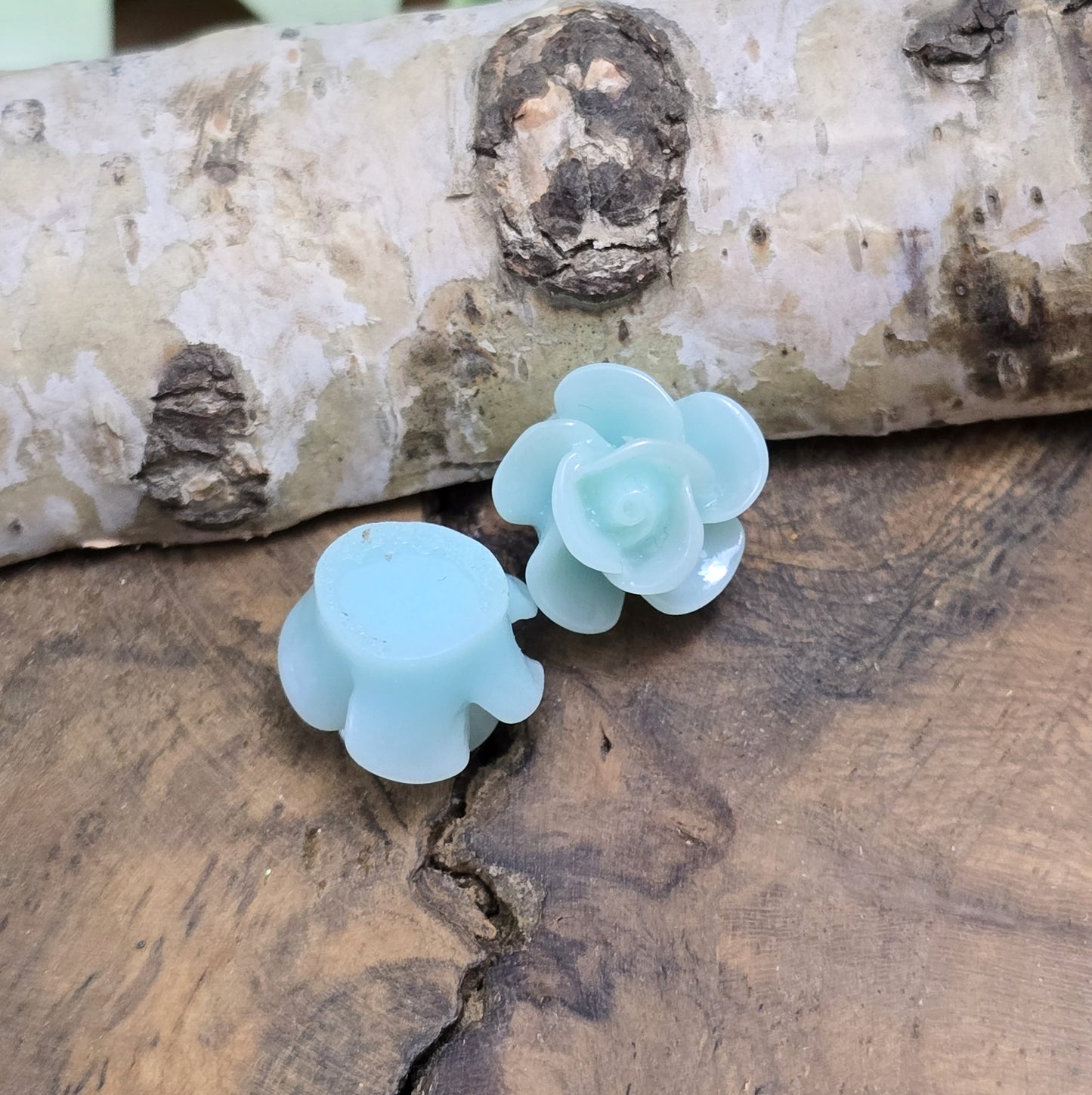 Das Bild zeigt 2 Cabochons Rose – 14mm – Mint – Frische Akzente für deine Schmuckkreationen 🌿🌹