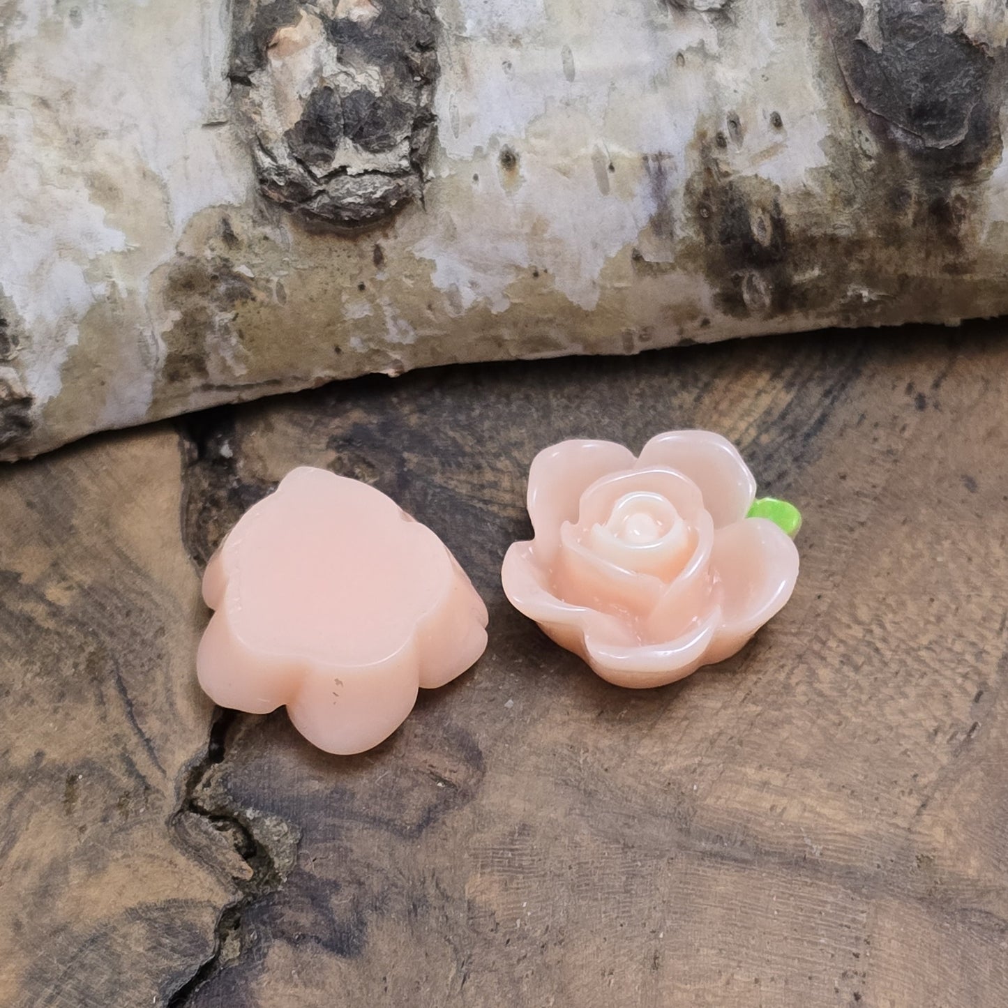 Das Bild zeigt 2 Cabochons offene Rose – 15mm – Apricot – Zarte Akzente für deine Schmuckkreationen 🍑🌹