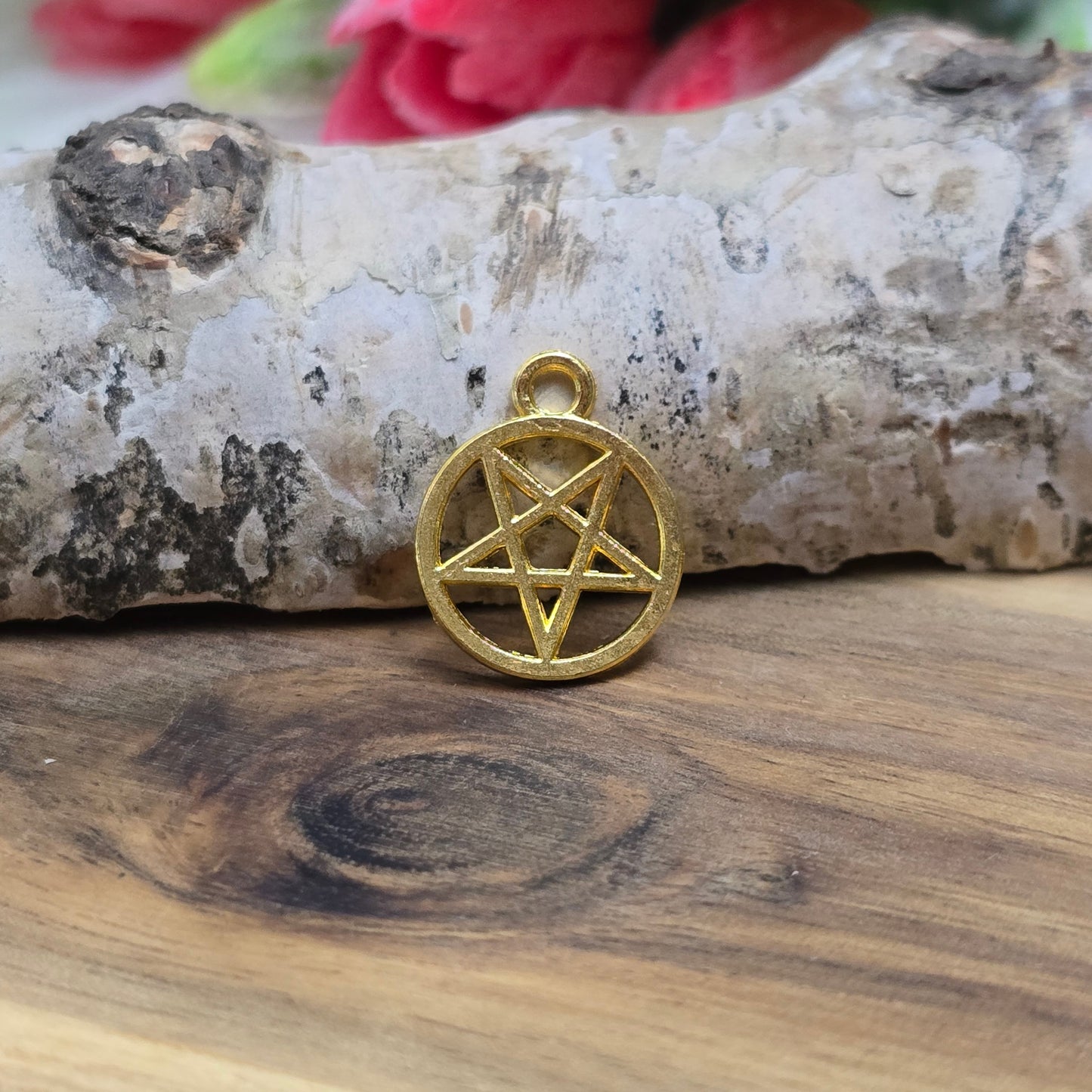 Das Bild zeigt fünf Anhänger in Form eines invertierten Pentagramms, die in vergoldeter Ausführung gestaltet sind. Jeder Anhänger ist in einem geschlossenen Ring gefasst und hat eine Größe von etwa 16 x 13 mm. Die Oberfläche der Anhänger glänzt und reflektiert das Licht, wodurch ein eleganter und ansprechender Effekt entsteht. Die geometrische Form des invertierten Pentagramms vermittelt eine mystische Aura und verleiht den Anhängern einen besonderen Charakter.