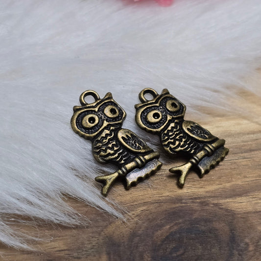 Das Bild zeigt vier bronzefarbene Eulen-Anhänger mit einer detailreichen Gravur. Die Charms sind ca. 22 mm groß und haben eine hohle Rückseite, was sie besonders leicht macht. Perfekt für Ketten, Armbänder oder andere Schmuckprojekte im Vintage- oder Boho-Stil.