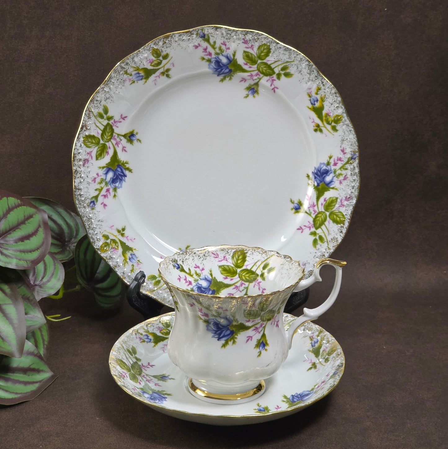 Vintage 3-tlg. Gedeck PJ Chodziez 1960er, Blaue Rose & Goldrand, Polen