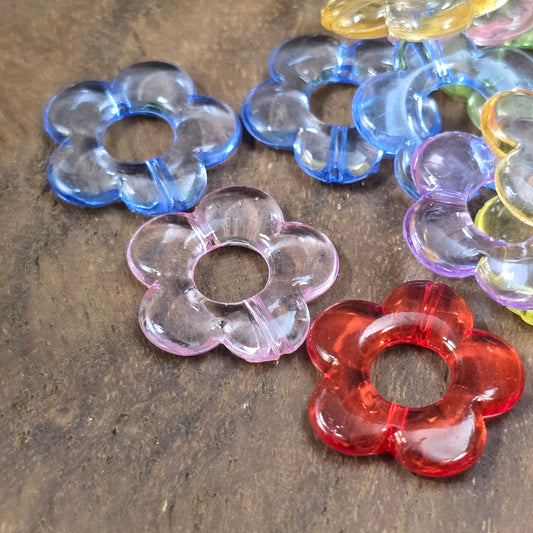 30 transparente Acrylblumen im bunten Farbmix, 19 mm, ideal für Schmuckherstellung, Perlengirlanden & dekorative DIY-Projekte.