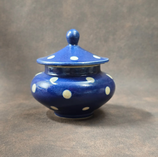 Zuckerdose Bürgel, Töpferei Reichmann, dunkelblaue Keramik mit weißen Punkten, Vintage DDR-Keramik 1960er, Geschenk oder Tischdeko.