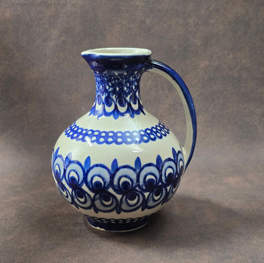 Bunzlauer Henkelvase blau-weiß, DDR 1980er Jahre, 15 cm hoch, sehr guter Zustand, dekorative Vintage-Keramik für Tisch oder Regal.