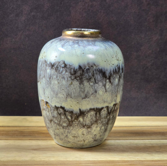 Vintage Fat Lava Vase 12 cm, creme-braune Glasur mit Goldrand, 1970er Jahre deutsche Keramik, dekoratives Sammlerstück.