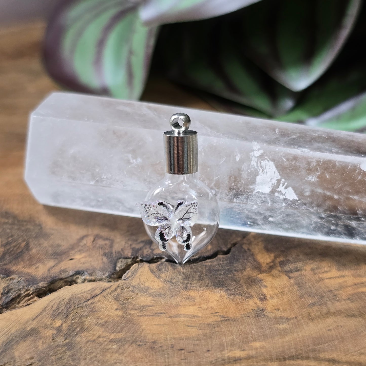 Glasphiole mit Schmetterlings-Dekor, kleine Glasflasche mit Kappe zum Befüllen für DIY Schmuck, romantischer Anhänger.