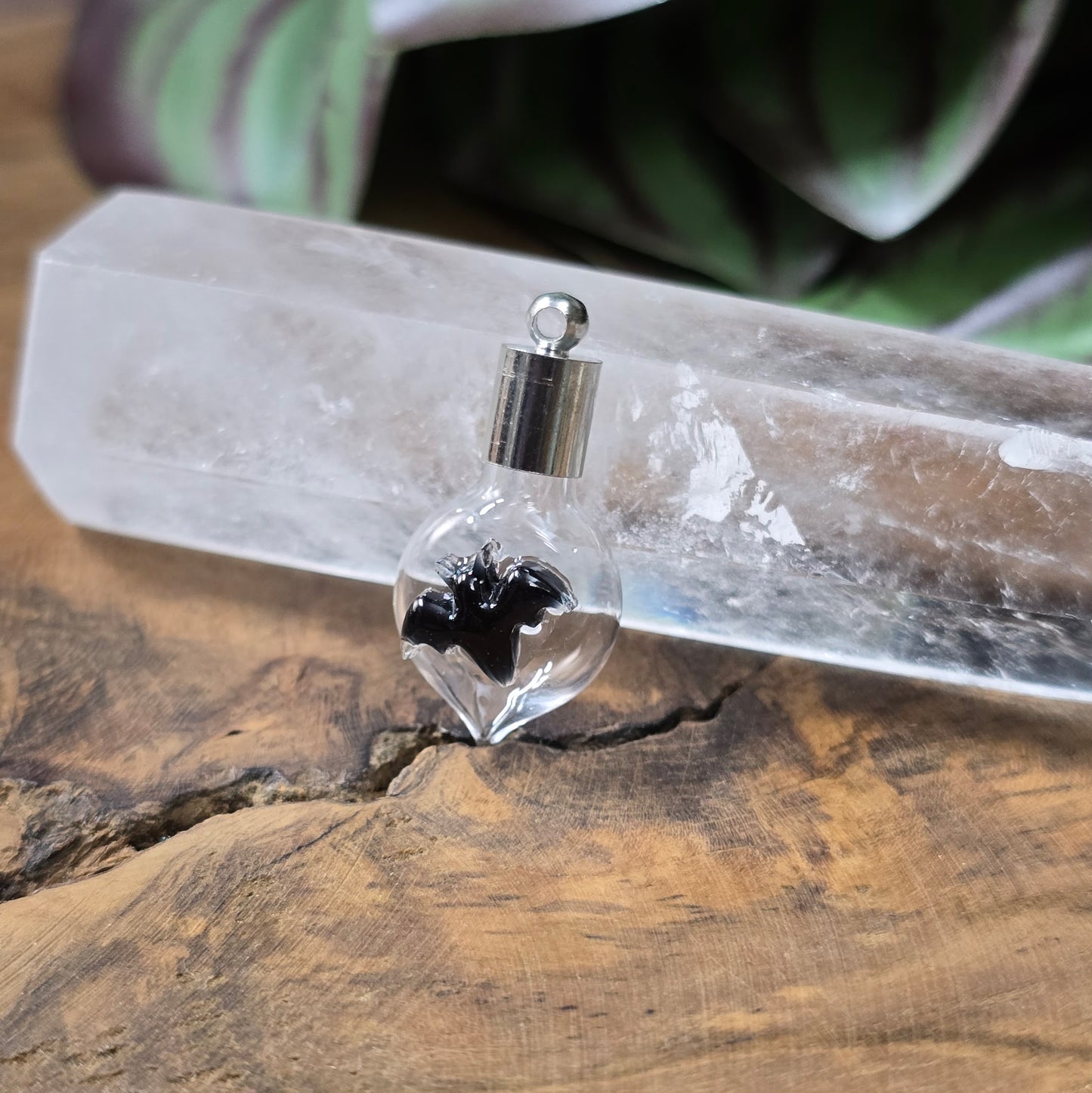 Glasphiole mit schwarzem Fledermaus-Motiv, DIY Schmuckflasche zum Befüllen, 3-teiliges Set mit Kappe – für Ketten, Anhänger & Bastelideen.