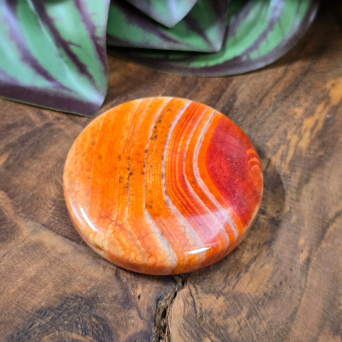 Große runde Centerperle aus orange-rotem Crackle-Achat (Ø 45 mm). Gefärbt & poliert. Ideal für Statement-Schmuck & Mala-Ketten. Jedes Stück ein Unikat!