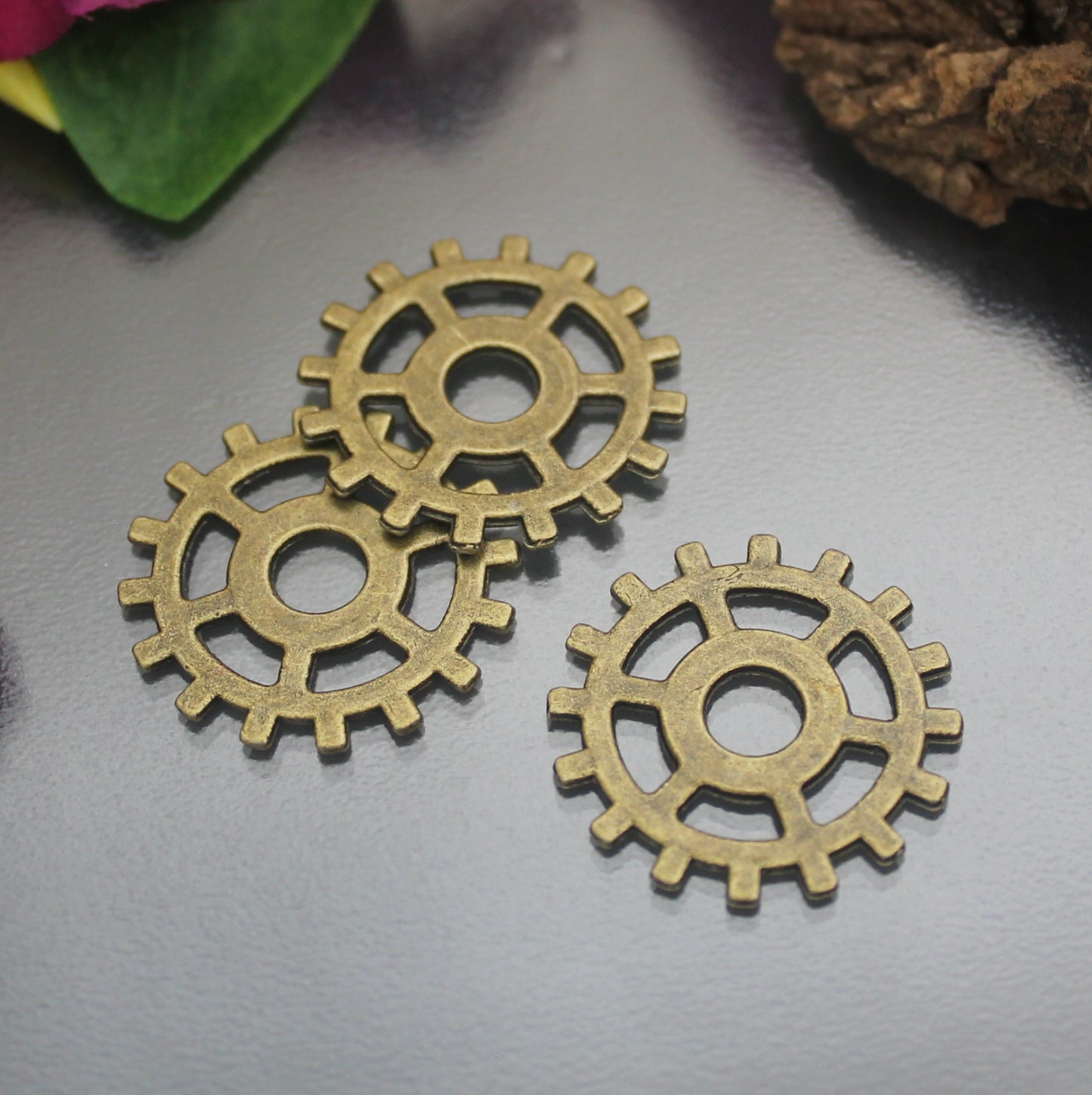3 Verbinder/Anhänger Zahnrad im Steampunk-Design, 25mm, antik bronzefarbig