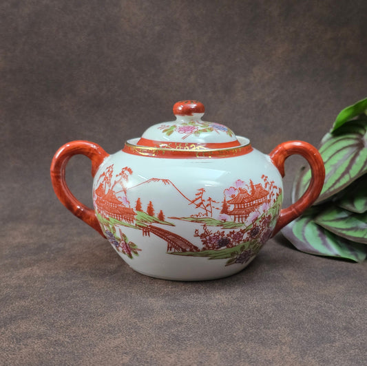 Wunderschöne japanische Vintage Zuckerdose mit Geisha-Motiv, Bambus-Optik und Goldverzierungen – stilvolle Ergänzung für Sammler, Vintage Küchen oder als originelles Geschenk.