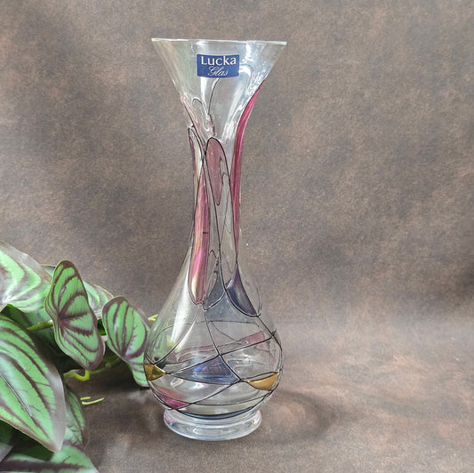 Handbemalte Lucka Glas Vase im Art-Deco-inspirierten DDR-Design. 1970er Original mit Aufkleber – ein Must-have für Vintage-Liebhaber.