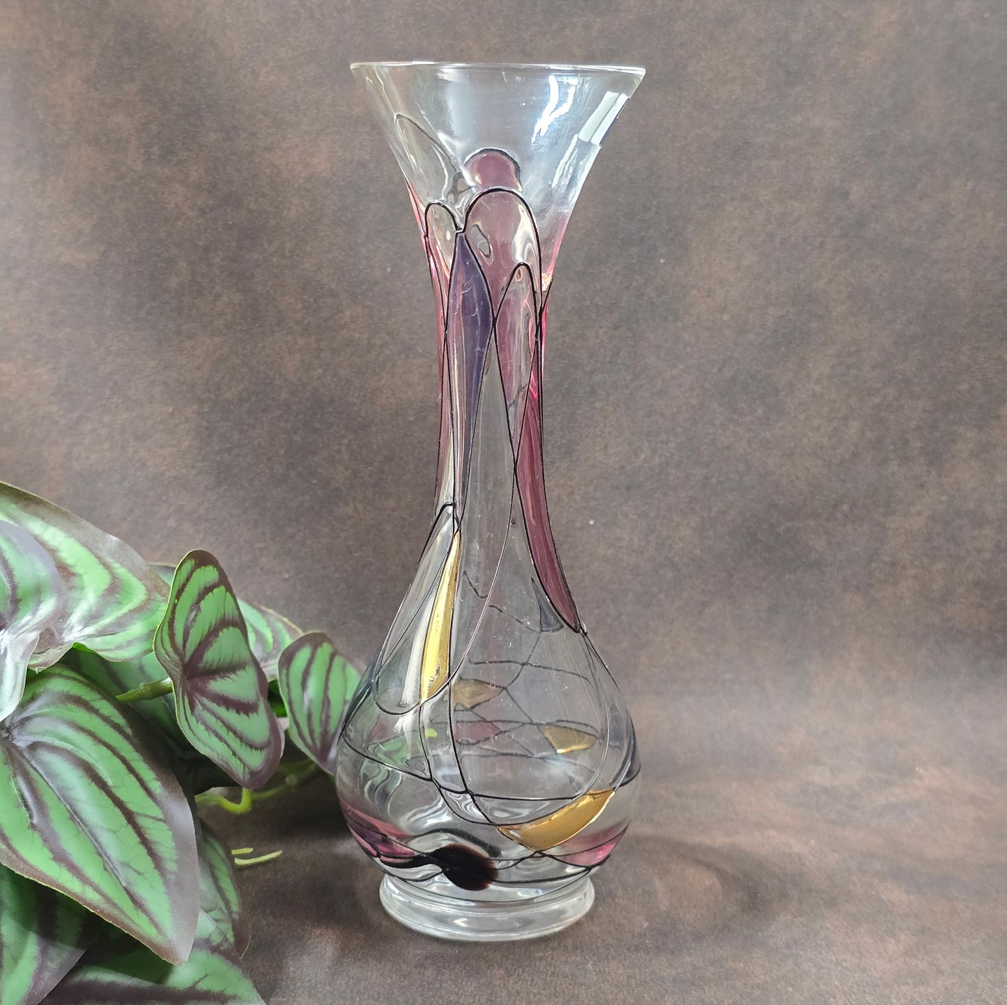 Handbemalte Lucka Glas Vase im Art-Deco-inspirierten DDR-Design. 1970er Original mit Aufkleber – ein Must-have für Vintage-Liebhaber.