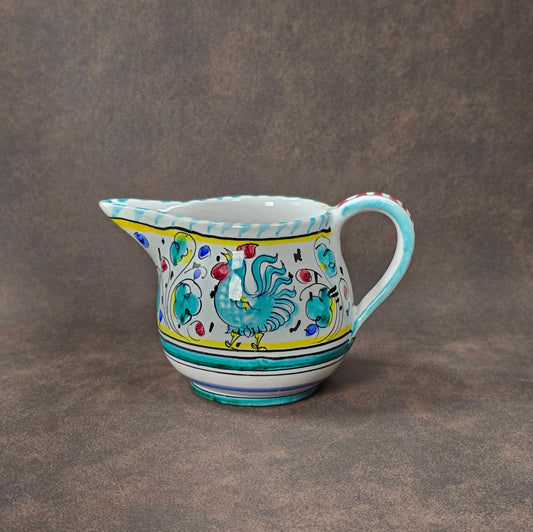 Italienisches Majolika-Milchkännchen aus Deruta, handbemalt mit Hahn- und Blumendekor, ca. 8 cm hoch, Vintage-Keramik, 213 g.