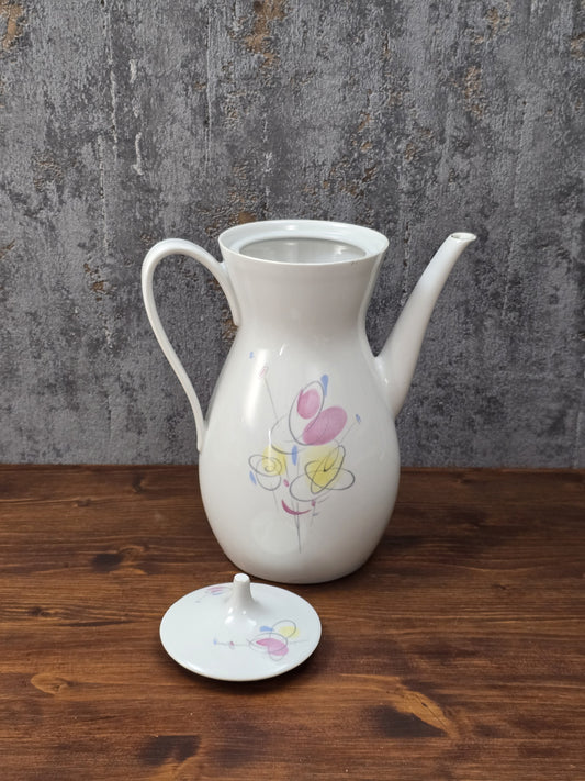 Mid-Century Kaffeekanne von Schirnding Bavaria aus weißem Porzellan mit pastellfarbenem Atomic-Dekor und zarter Goldlinie, ca. 1955–1965.