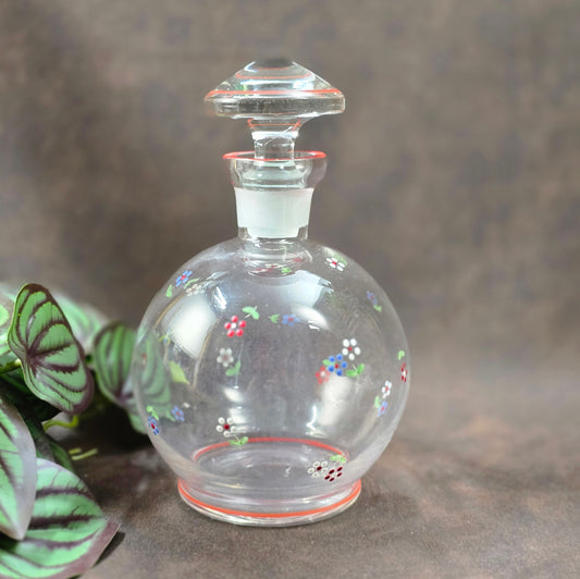 Handbemalte Glasflasche aus den 50er Jahren mit Stopfen – perfektes Sammlerstück oder dekorative Karaffe für Likör & Aperitifs. Nachhaltig & einzigartig!